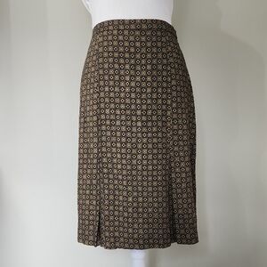 Vintage Leslie Fay 10 Petite Navy Green Gold Medallion Print A-Line Midi Skirt